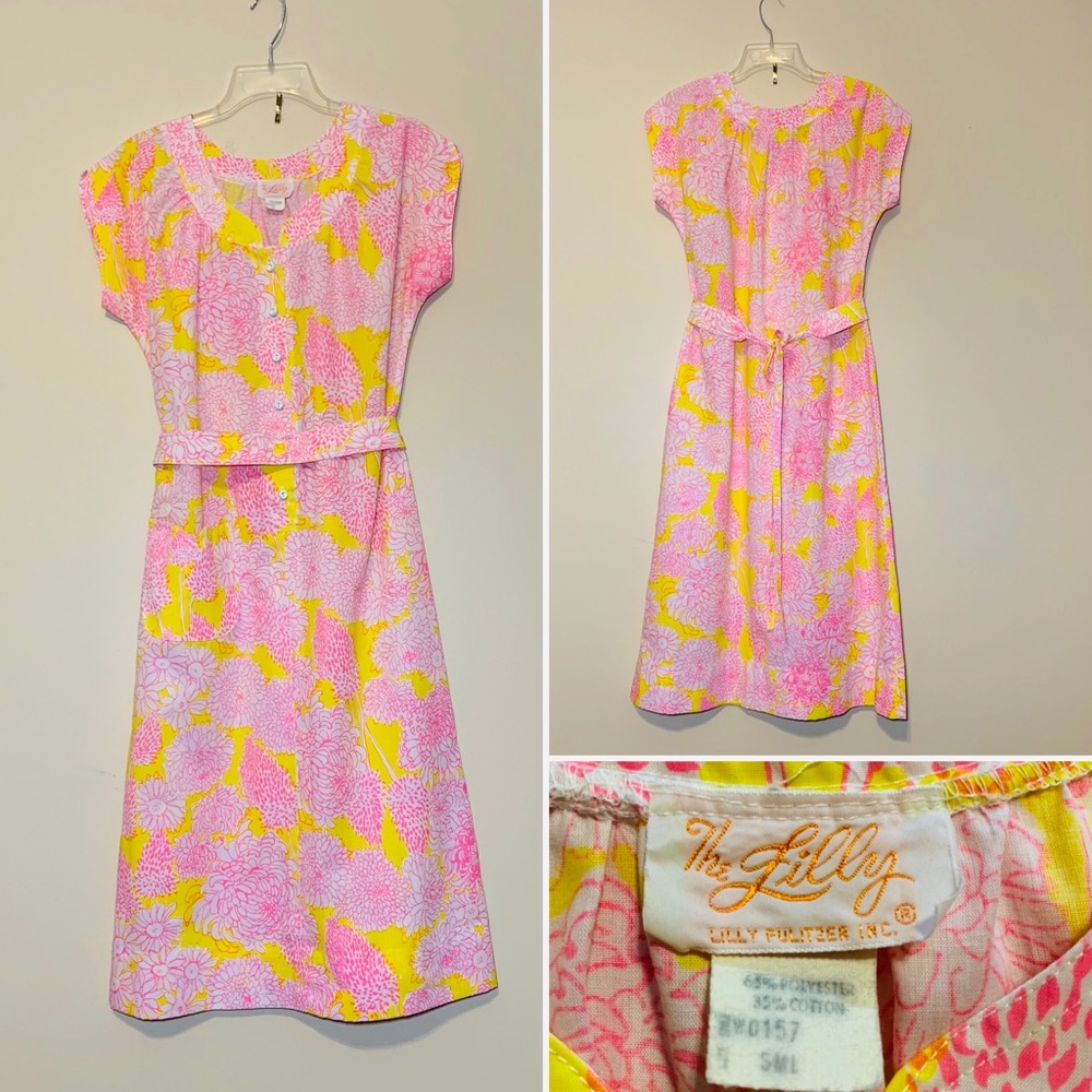 Vintage The Lilly Lilly Pulitzer Pink and Yellow Floral Cap-Sleeve Dress